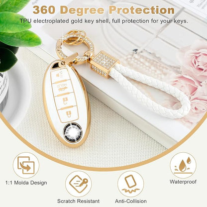 PIFOOG for Nissan Key Fob Cover Altima Rogue Sentra Murano Armada Pathfinder Accessories 4 Buttons Soft TPU White Gold Car Keys Case Shell Protecor Girly Women Cute