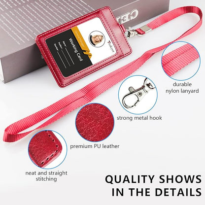 Teskyer Badge Holder with Lanyard, Leather ID Name Badge Card Holder with Lanyard for ID Badges, Vertical Wine Red