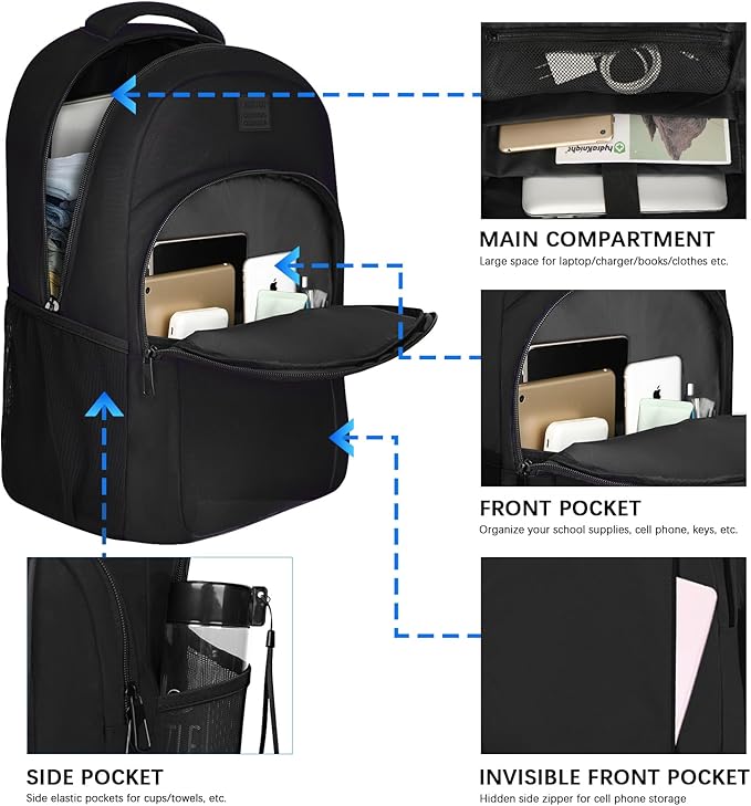 LARIPOP Carry On Backpack for Airplane, 17.3 Inch Laptop Backpack with USB Charging Port, Water Resistant Business Travel Backpack, Lightweight College School Bookbag Anti Theft for Men Women, Black