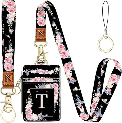 A-Z Letter 2-in-1 ID Badge Holder & Lanyard Wallet for Teachers,Nurse,Professionals-Cute Zippered Coin Pouch,Removable Wristlet & Neck Lanyard,5 Card Slots Stylish Work Essential T