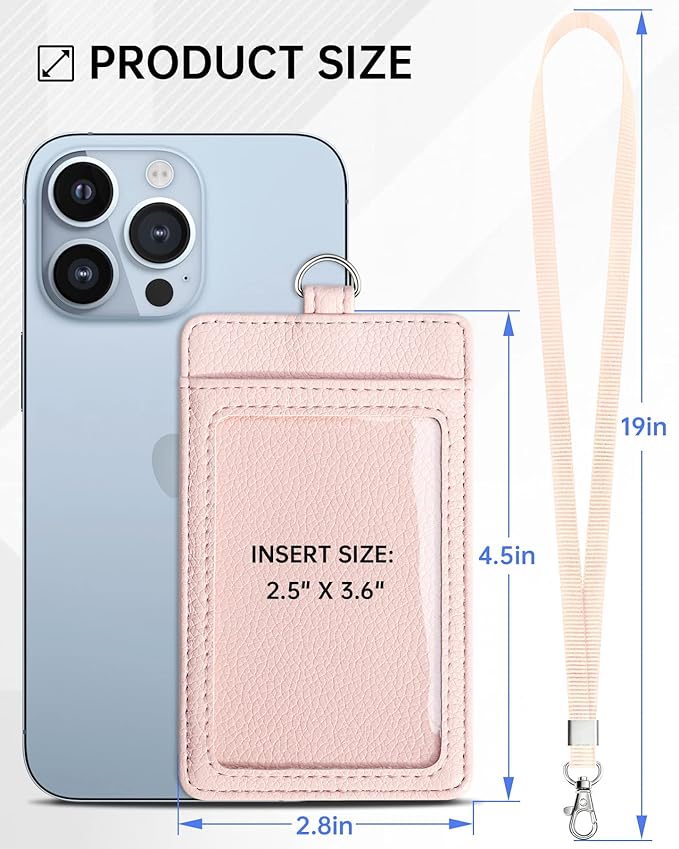 Teskyer Badge Holder with Lanyard, Leather ID Name Badge Card Holder with Lanyard for ID Badges, Vertical, Lychee Pattern Light Pink
