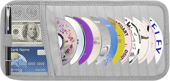 Car CD & DVD Holder - Large Capacity CD Visor Case, Vehicle Visor Storage Organizer with 12 Disc Sleeves, 1 Mesh Pocket 1 Pen Holder and & Elastic Band (Grey)
