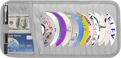 Car CD & DVD Holder - Large Capacity CD Visor Case, Vehicle Visor Storage Organizer with 12 Disc Sleeves, 1 Mesh Pocket 1 Pen Holder and & Elastic Band (Grey)