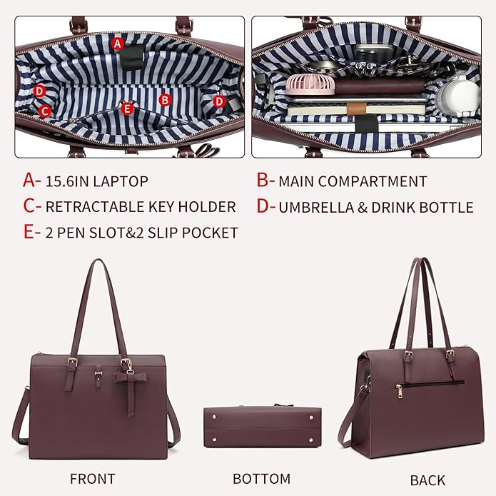 Keyli 4pc Sets Laptop Bag for Women Large Leather Laptop Briefcase with USB Charging Port Computer Shoulder tote Bags Purse