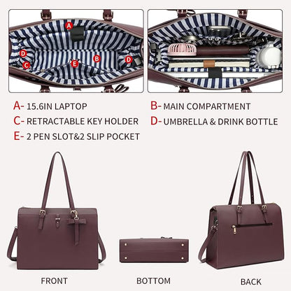 Keyli 4pc Sets Laptop Bag for Women Large Leather Laptop Briefcase with USB Charging Port Computer Shoulder tote Bags Purse