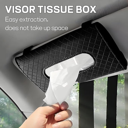 Car Tissue Holder, Leather Tissue Holder for Car Sun Visor, Rectangular Auto Sun Visor Napkin Holder Mask Dispenser, Universal Vehicle Tissue Box Sun Visor Accessory (Plaid-Black)