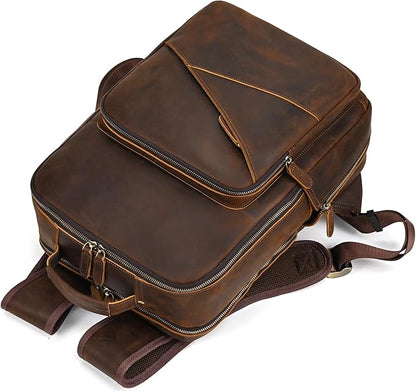 Vintage Full Grain Leather Backpack for Men, 16" Laptop Rucksack For Men Hiking Trave Work Business Bag, Brown