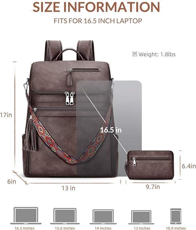 SYTRAH Leather Laptop Backpack for Women Designer Laptop Bag, 16.5 inch Travel Computer Backpacks Purse with Tassel for Work Business with Satchel Purse Dark Coffee