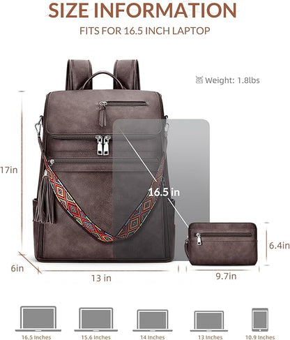 SYTRAH Leather Laptop Backpack for Women Designer Laptop Bag, 16.5 inch Travel Computer Backpacks Purse with Tassel for Work Business with Satchel Purse Dark Coffee