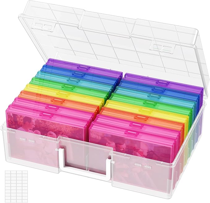 Lifewit 4x6 Photo Storage Box, 16 pcs Inner Photo Case with Lids, Multicolor Photo Organizers with 1 Sheet Label Sticker, Plastic Craft Storage Box for Seeds Sticker Cards Pictures Office Supplies