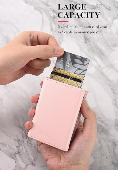 Small Wallet for Men-Pop Up Card Case,with Money Clip Slim Leather Slots Credit Card Holder RFID Blocking Trifold Minimalist Wallet with ID Window and Coin Purse(Pink Small Wallet for Men Gift