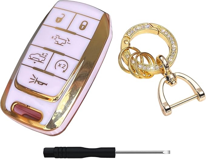 Key Protective Shell for RAM Key Fob Cover with Keychain Fit for RAM 1500 2500 3500 Smart Key Case Accessories (6-Button-Pink-Gold)