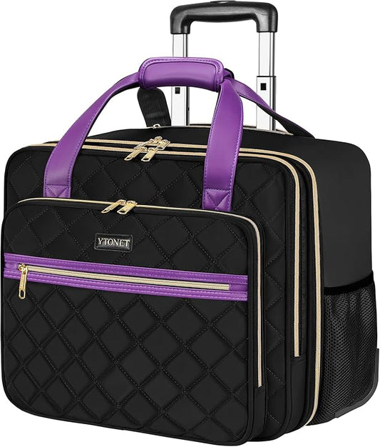 Ytonet Rolling Laptop Bag, 17.3 Inch Rolling Briefcase for Women, Water Resistant Computer Bag with Wheels for Work Travel College Business Overnight Wife Mom Teacher, Black Purple