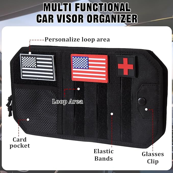 Car Visor Organizer with 3pcs Velcro Patches, Multi-Pocket Sun Visor Organizer with Zipper Storage Pouch & Adjustable Straps, Semi-Rigid Panel Storage Accessories for Truck, SUV, Most Cars (Black)