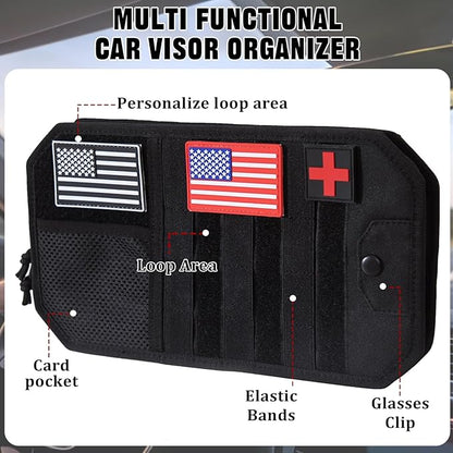 Car Visor Organizer with 3pcs Velcro Patches, Multi-Pocket Sun Visor Organizer with Zipper Storage Pouch & Adjustable Straps, Semi-Rigid Panel Storage Accessories for Truck, SUV, Most Cars (Black)