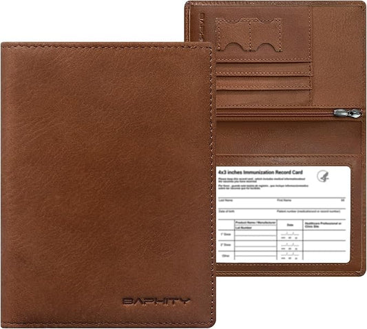 BAPHITY Genuine Leather RFID Blocking Passport Holder Wallet with Zipper Hidden Pocket,Luxury Cover for Men Women,Ideal Gift-red-brown