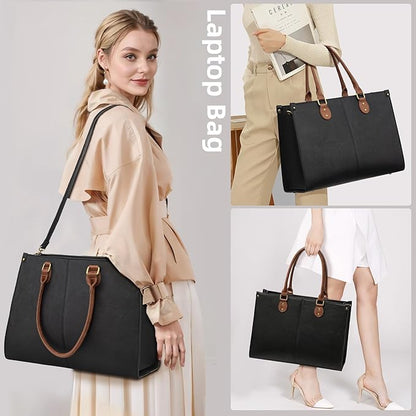 LOVEVOOK Laptop Tote Bag for Women, 15.6 Inch Large Capacity Vintage Leather Work Computer Bag, Business Casual Shoulder Handbag, Black & Brown