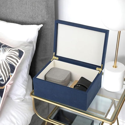 HofferRuffer Faux Leather Decorative Box, Large Wooden Structure Keepsake Box Accessory Organizer Jewelry Organizer with Hinged Lid, Storage Container for Home or Office (NavyBlue Shagreen)