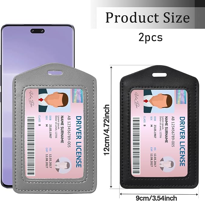 2 Pcs Genuine Leather ID Badge Holder Vertical Single-Side Clear Card Holder Waterproof Name Badge Holder for Office, Staff, Students, Employees (Black&Grey)