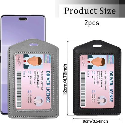 2 Pcs Genuine Leather ID Badge Holder Vertical Single-Side Clear Card Holder Waterproof Name Badge Holder for Office, Staff, Students, Employees (Black&Grey)