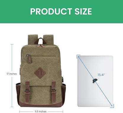 Modoker Eco-Friendly Vintage Backpack for Men Women, Canvas Bookpack Fits Most 15.6 Inches Computer and Tablets, Rucksack Backpack with USB Charging Port, Army Green