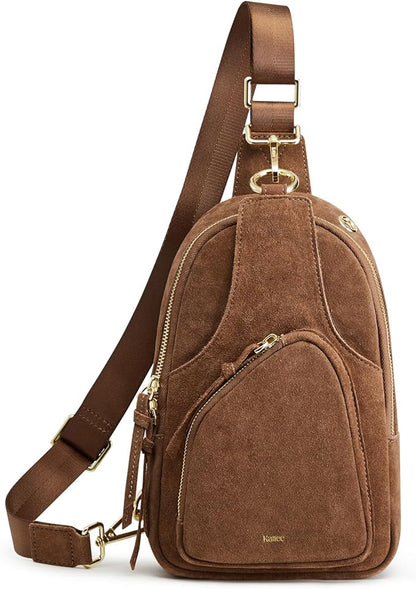 Kattee Sling Bag for Women, Genuine Suede Leather Fanny Packs Crossbody Purse, Small Chest Bag with RFID Blocking, Coffee