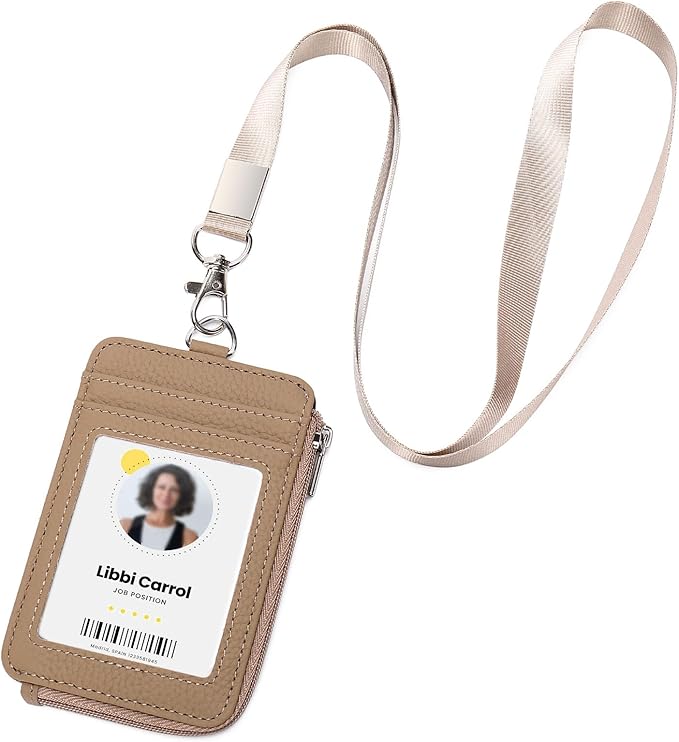 Badge Holder – Genuine Leather ID Badge Holder with Zipper Pocket and Nylon Lanyard – Perfect for Badges, Cards, and More
