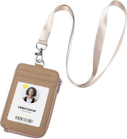 Badge Holder – Genuine Leather ID Badge Holder with Zipper Pocket and Nylon Lanyard – Perfect for Badges, Cards, and More