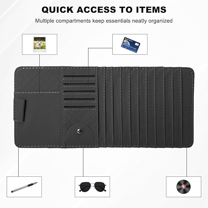 Sun Visor CD Case Holder for Car, Leather Auto Visor DVD Storage Case with Card Slots & Pen Holder, Multi-Pocket Large Capacity CD Layered Organizer for Most Vehicles (Black)