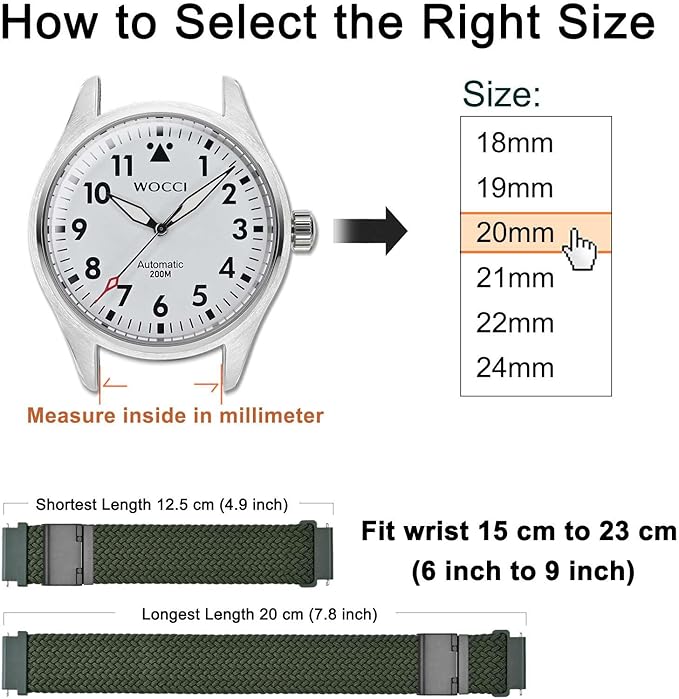 WOCCI 16mm Braided Nylon Watch Band for Men and Women, Quick Release, Black Stainless Steel Buckle (Khaki Green)