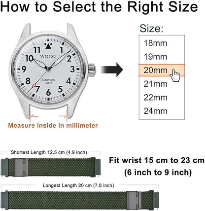 WOCCI 16mm Braided Nylon Watch Band for Men and Women, Quick Release, Black Stainless Steel Buckle (Khaki Green)