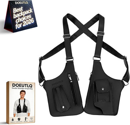 Leather Double Shoulder Armpit Bag for Men Underarm Concealed Rover The Holste Vest for Mens Adjustable Leather Bag (Black)