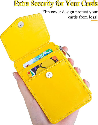 Teskyer Badge Holder with Side Zip Pocket, Multiple Card Slots Leather ID Holder Wallet with Neck Lanyard for Office Staffs, Teachers/Students, Workers, Cruise Cards, Bus/Metro Cards, Bright Yellow