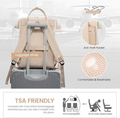 LOVEVOOK Leather Backpack for Women, 15.6 inch Laptop Backpack, Professional Work & Travel Bag, Beige-Flesh Beige