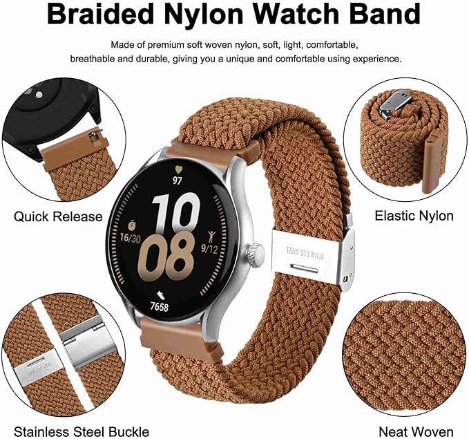 WOCCI 20mm Braided Nylon Watch Band for Men and Women, Quick Release, Silver Stainless Steel Buckle (Brown)