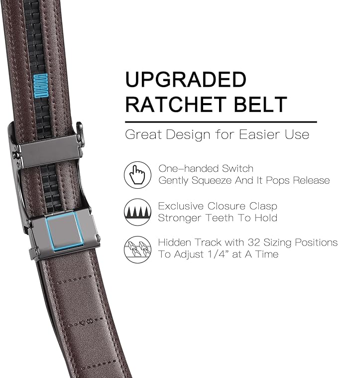 SENDEFN Men's Leather Belt Automatic Ratchet Buckle Slide Belt for Dress Casual Trim to Fit with Gift Box