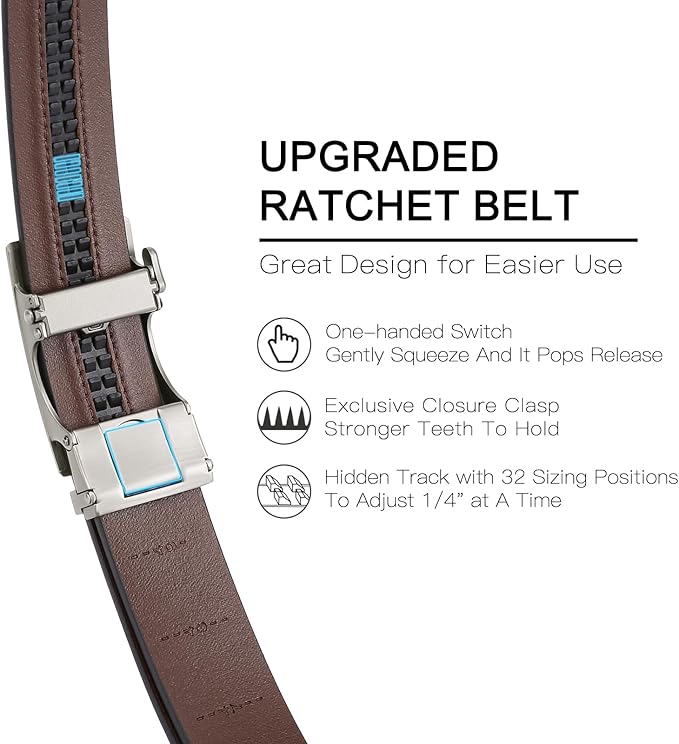SENDEFN Men's Leather Belt Automatic Ratchet Buckle Slide Belt for Dress Casual Trim to Fit with Gift Box