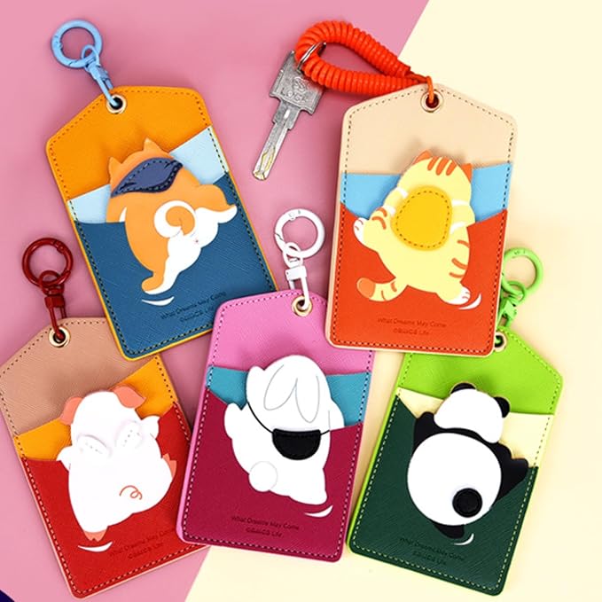 ID Badge Holder with Keychain, 3 Card Slots Cartoon Animal Cute Badge Holder for Professionals, Teacher, Nurse Officer and Students Women Girls Boys (Cat)