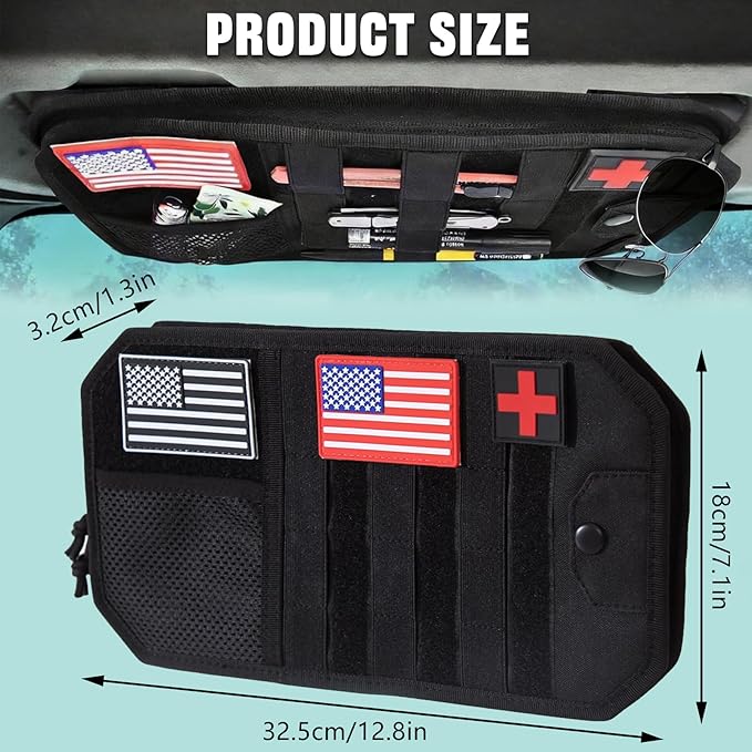 Car Visor Organizer with 3pcs Velcro Patches, Multi-Pocket Sun Visor Organizer with Zipper Storage Pouch & Adjustable Straps, Semi-Rigid Panel Storage Accessories for Truck, SUV, Most Cars (Black)