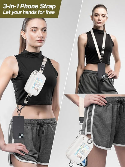 Tiostep Clip and Go Strap for Phone with Wallet Crossbody Phone Lanyard Adjustable and Detachable RFID Wristlet Wallet with ID Window and Zipper, Cream(L)