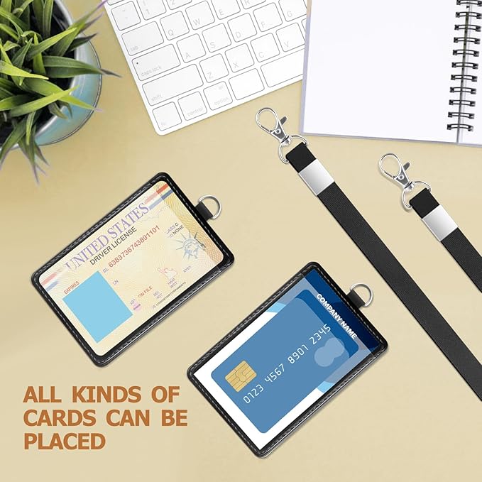 PU Leather ID Badge Holder Extra Thick ID Card Name Badge Holder with 1 Clear ID Window 1 Credit Card Slot for Office Staffs, Teachers/Students, Workers, Cruise Cards, Bus/Metro Cards (2 Pack Black)