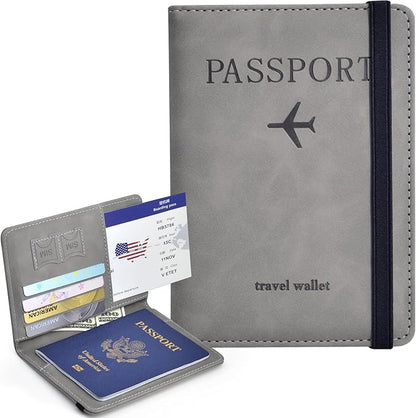 Passport Holder, Passport Cover with Credit Card Slot and Boarding Pass Slot Combo, Passport Wallet Case Book Travel Must Have, RFID Blocking Leather Travel Accessories, Grey
