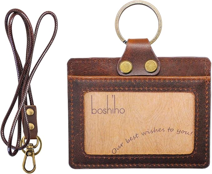 Badge Holder: Boshiho Cowhide Leather ID Badge Card Holder with 19" Neck Lanyard, Horizontal Style (Dark Brown)