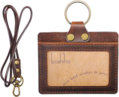 Badge Holder: Boshiho Cowhide Leather ID Badge Card Holder with 19" Neck Lanyard, Horizontal Style (Dark Brown)