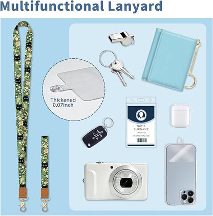 Lanyard Wallet with Id Badge Holder, Floral Cat RFID Small Keychain Wallet Women Wristlet, Cute Zipper Credit Card Holder Phone Wrist Neck Strap for Key Name Tag, Teacher Student Office Gifts