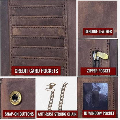 IBRO VINTAGE Motorcycle Chain Wallet for Men – Premium Cowhide Leather, RFID Tri-Fold Biker Wallet with Heavy Duty Chain for Bikers Truckers & Hunters, Credit Card Money Organizer Long Wallet | Long Trifold, RFID Blocking, Men's, Trucker Biker