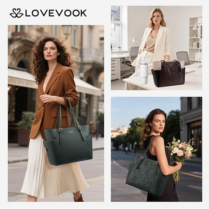 LOVEVOOK Laptop Tote Bag for Women With Large Cup Holder, Leather Work Tote Bag for Women,15.6 Inch Professional Computer Briefcase Business Teacher Commuter Shoulder Bag,Office Travel Gift