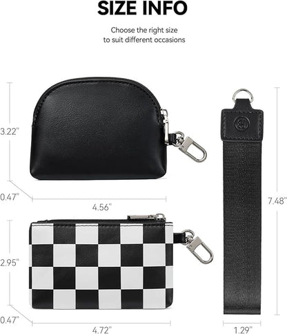 BOSTANTEN Small Wallet Checkered, Wristlet Wallets for Women RFID Detachable Dual Pouch Keychain Wristlet Wallet Cute Coin Purse, Black and White