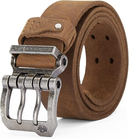 BISON DENIM Men's Belts Leather Dress Genuine Leather Classic Heavy Duty Buckle Belt Casual for Jeans