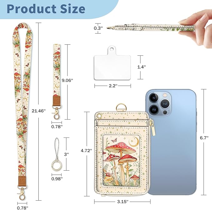 Lanyard Wallet with Id Badge Holder, Mushroom RFID Small Keychain Wallet Women Wristlet, Cute Zipper Credit Card Holder Phone Wrist Neck Strap for Key Name Tag, Teacher Student Office Gifts